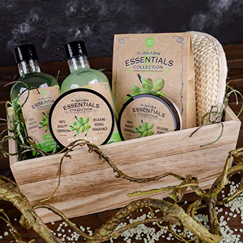 Accentra OLIVE - Set de regalo con cesta de madera para baño, spa y ducha con aroma de oliva, 6 piezas en cesta decorativa de madera, el mejor regalo para cumpleaños, San Valentín