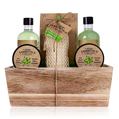 Accentra OLIVE - Set de regalo con cesta de madera para baño, spa y ducha con aroma de oliva, 6 piezas en cesta decorativa de madera, el mejor regalo para cumpleaños, San Valentín