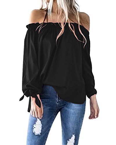 ACHIOOWA Mujer Camiseta Manga Larga Sexy Hombros Descubiertos Otoño Blusa Elegante Casual Top Shirt 814413-Negro XXL