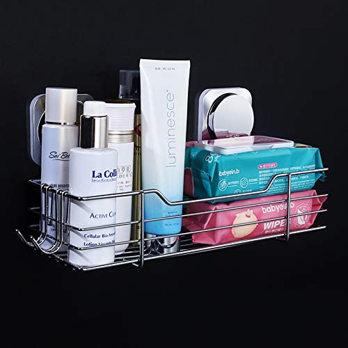 Adhesivo Estanteria Ducha,Ezprotekt Estantes Cesta Organizador para Ducha Baño con 2 Ganchos Sin Taladro 33,4 x 17,8 x 14,4 cm