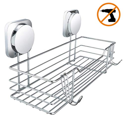 Adhesivo Estanteria Ducha,Ezprotekt Estantes Cesta Organizador para Ducha Baño con 2 Ganchos Sin Taladro 33,4 x 17,8 x 14,4 cm