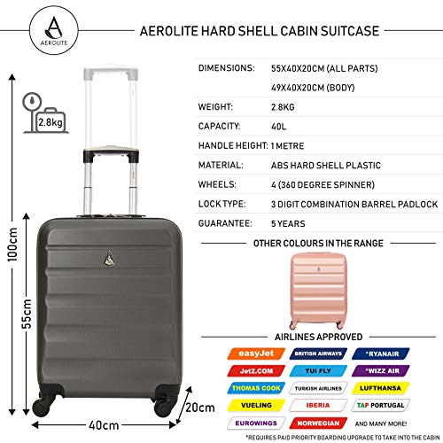 Aerolite 55x40x20 Tamaño Máximo Ryanair 40L Trolley Maleta Equipaje de Mano Cabina rígida Ligera con 4 Ruedas, Carbón