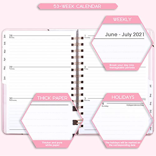 Agenda 2021 - Agenda A5 Semana para ver desde enero de 2021 hasta diciembre de 2021, tapa dura con bolsillo interior, encuadernación de alambre doble, Rosa