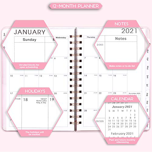 Agenda 2021 - Agenda A5 Semana para ver desde enero de 2021 hasta diciembre de 2021, tapa dura con bolsillo interior, encuadernación de alambre doble, Rosa