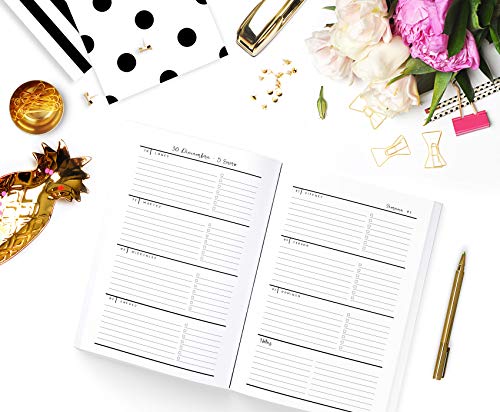 Agenda Semana Vista: Diaria de 12 Meses | Semanal y Mensual | Calendario Planificador Organizador | Formato A5 | Brillo Dorado - Rayas Blanco y Negro (Enero a Diciembre 2020)