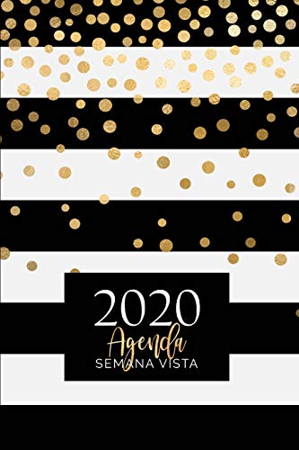 Agenda Semana Vista: Diaria de 12 Meses | Semanal y Mensual | Calendario Planificador Organizador | Formato A5 | Brillo Dorado - Rayas Blanco y Negro (Enero a Diciembre 2020)