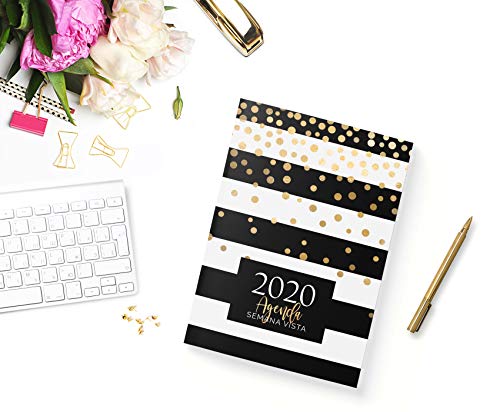 Agenda Semana Vista: Diaria de 12 Meses | Semanal y Mensual | Calendario Planificador Organizador | Formato A5 | Brillo Dorado - Rayas Blanco y Negro (Enero a Diciembre 2020)