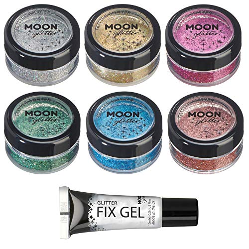 Agitadores de Brillo Holográfico por Moon Glitter - 100% Brillo Brillo Cosmético para la Cara, Cuerpo, Uñas, Cabello y Labios - 5g - Set de 6 colores