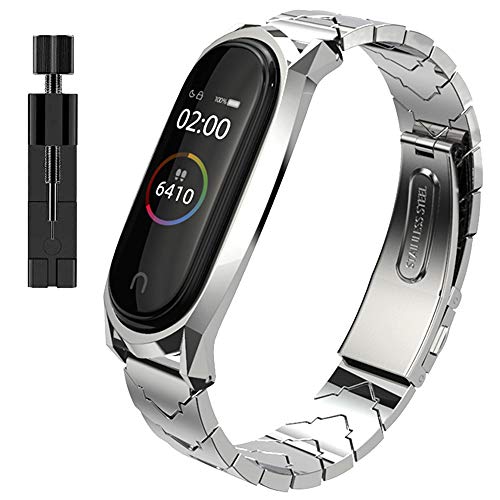 AHANGA Correa para Xiaomi Mi Band 4/ Mi Band 3 Correas de Metal Pulsera con Enlaces Herramienta de eliminación Extensibles Reloj Wristband Repuesto Bandas de Acero Inoxidable Reemplazo Pulseras