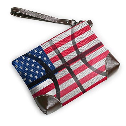 Ahdyr Retro Basketball U.S.A Flag Stars.jpeg Leather Wristlet Clutch Bag Bolsos con cremallera Monederos para mujeres Carteras de teléfono con ranuras para tarjetas de correa
