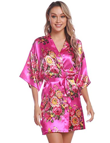Aiboria Bata Kimono Mujer satén Floral Albornoces de Manga Corta para Dama de Novia