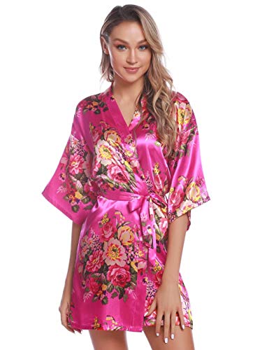 Aiboria Bata Kimono Mujer satén Floral Albornoces de Manga Corta para Dama de Novia