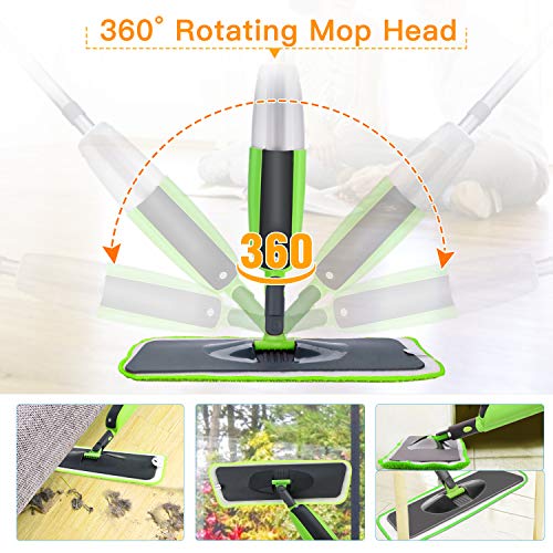 Aiglam Spray Mop, Mopa con pulverizador Limpiador de Ventanas y Escoba Barredora de Empuje Manual con Almohadilla de Microfibra Reutilizable para Suelos laminados, alicatados y de Madera (Verde)