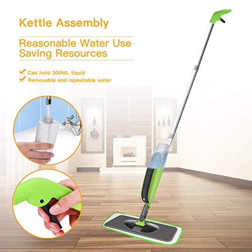 Aiglam Spray Mop, Mopa con pulverizador Limpiador de Ventanas y Escoba Barredora de Empuje Manual con Almohadilla de Microfibra Reutilizable para Suelos laminados, alicatados y de Madera (Verde)