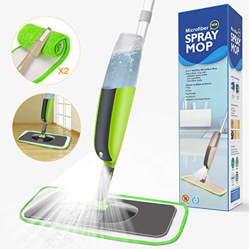 Aiglam Spray Mop, Mopa con pulverizador Limpiador de Ventanas y Escoba Barredora de Empuje Manual con Almohadilla de Microfibra Reutilizable para Suelos laminados, alicatados y de Madera (Verde)