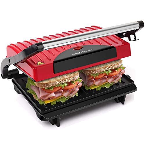Aigostar Warme 30HHH – Grill， parrilla， sandwichera y máquina de panini 700 W de potencia， asa de toque frío， placas antiadherentes. Libre de BPA， color rojo y negro. Diseño exclusivo.