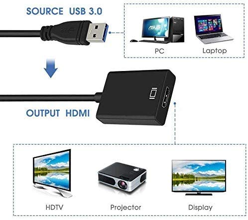 AIN Adaptador USB a HDMI, USB 3.0/2.0 a HDMI 1081P Full HD (Macho a Hembra) Convertidor de vídeo y Audio multipantalla