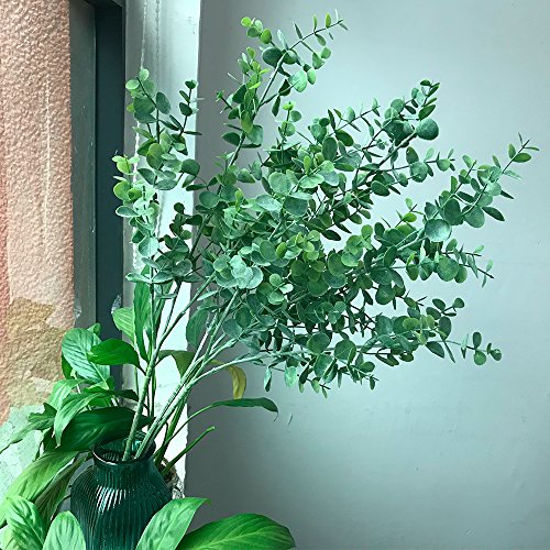 Aisamco 3 Piezas. Eucalipto Artificial. Ramas de Plantas. Hojas de eucalipto sintético. Espray. Vegetal Artificial. Tallos Florales de 35"de Alto en Gris Verde para la Boda.
