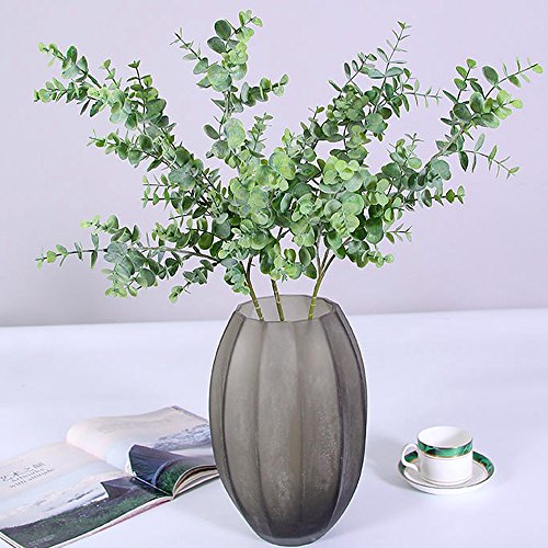 Aisamco 3 Piezas. Eucalipto Artificial. Ramas de Plantas. Hojas de eucalipto sintético. Espray. Vegetal Artificial. Tallos Florales de 35"de Alto en Gris Verde para la Boda.