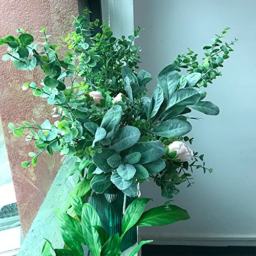 Aisamco 3 Piezas. Eucalipto Artificial. Ramas de Plantas. Hojas de eucalipto sintético. Espray. Vegetal Artificial. Tallos Florales de 35"de Alto en Gris Verde para la Boda.