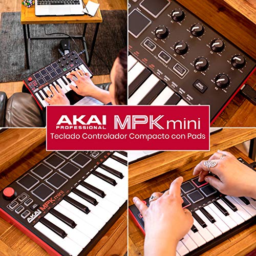 AKAI Professional MPK MINI MKII - Teclado controlador MIDI USB portátil con 25 teclas, 8 pads MPC, 8 potenciómetros, joystick, VIP 3 y paquete de software incluido - Estándar