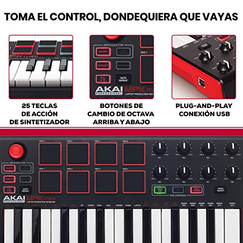 AKAI Professional MPK MINI MKII - Teclado controlador MIDI USB portátil con 25 teclas, 8 pads MPC, 8 potenciómetros, joystick, VIP 3 y paquete de software incluido - Estándar