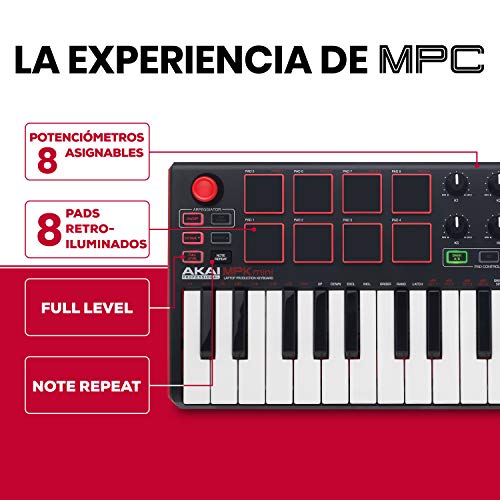 AKAI Professional MPK MINI MKII - Teclado controlador MIDI USB portátil con 25 teclas, 8 pads MPC, 8 potenciómetros, joystick, VIP 3 y paquete de software incluido - Estándar