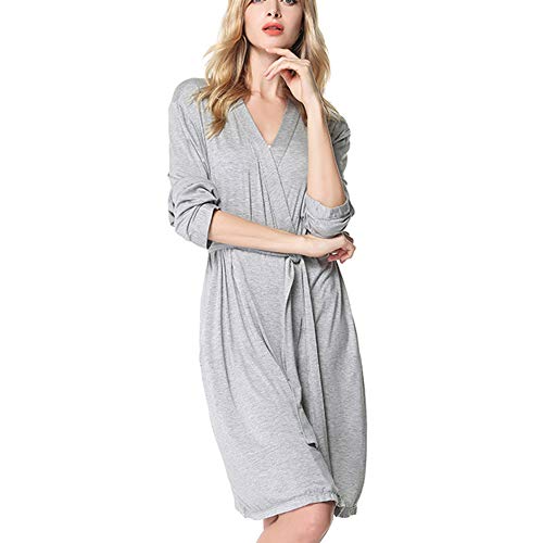 Albornoz Modal con Cuello en V para Mujer, cinturón - Albornoz Suave, Absorbente y cómodo, Pijama de Hotel SPA   Gris    S