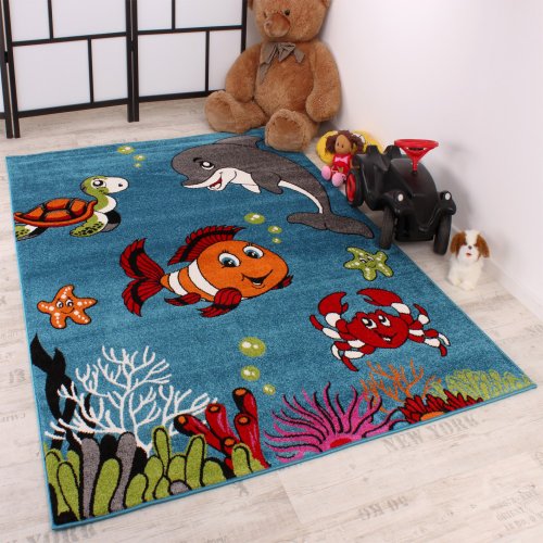 Alfombra Infantil - Diseño Acuático De Pez Payaso - Turquesa Verde Crema Rosa, tamaño:80x150 cm