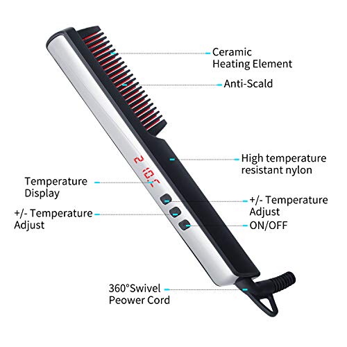 Alisador barba, Ato Bea Cepillo Alisador de Pelo 3 en 1 Cepillo Para Barba LCD 6 Control de Temperatura, Cerámica de Alta Temperatura Contra Quemaduras, Cepillo de Parada Automática Para Barba
