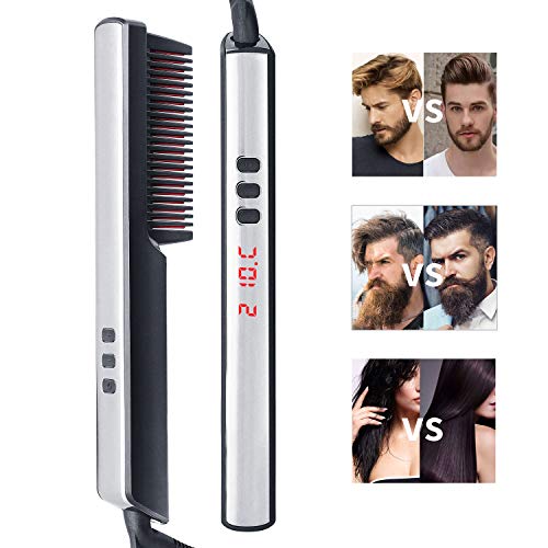 Alisador barba, Ato Bea Cepillo Alisador de Pelo 3 en 1 Cepillo Para Barba LCD 6 Control de Temperatura, Cerámica de Alta Temperatura Contra Quemaduras, Cepillo de Parada Automática Para Barba