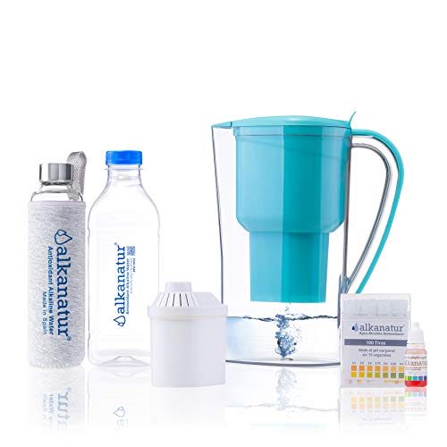 Alkanatur Jarra alcalinizar, depurar e ionizar Agua con Botella de Cristal Boro-silicato. Coste por litro 0,045€.