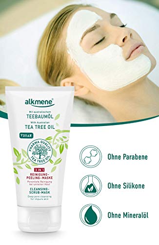 alkmene Aceite de árbol de té 3in1 Cleansing Peeling Mask - Anti espinillas, manchas y rojeces - cuidado facial vegano sin siliconas, parabenes y aceite mineral - limpieza facial (1x 150 ml)