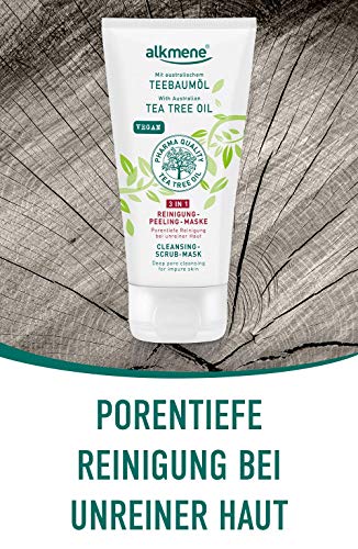 alkmene Aceite de árbol de té 3in1 Cleansing Peeling Mask - Anti espinillas, manchas y rojeces - cuidado facial vegano sin siliconas, parabenes y aceite mineral - limpieza facial (1x 150 ml)