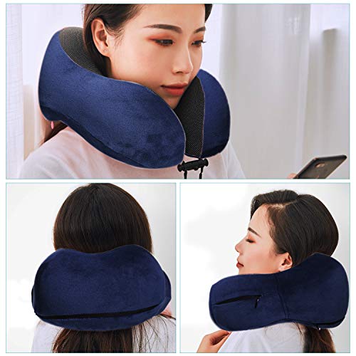Almohada de Viaje Cervical Viscoelástica de Espuma de Memoria, Cojín de Viaje para Cuello Soporte Cervical con Máscara de Ojos, Tapones y Bolsa de Transporte para el Uso del Avión y el Hogar [Rosa]