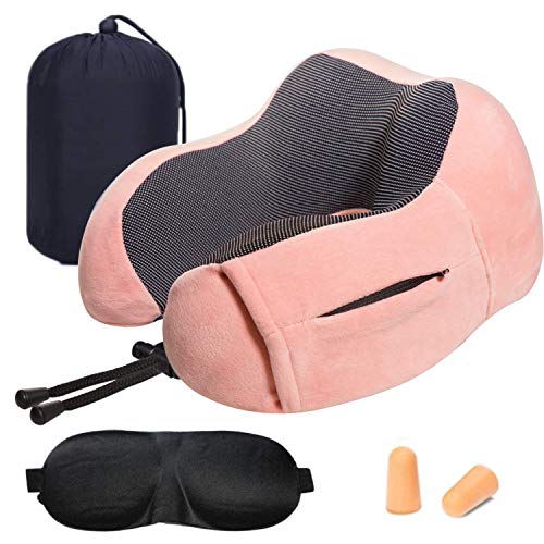 Almohada de Viaje Cervical Viscoelástica de Espuma de Memoria, Cojín de Viaje para Cuello Soporte Cervical con Máscara de Ojos, Tapones y Bolsa de Transporte para el Uso del Avión y el Hogar [Rosa]