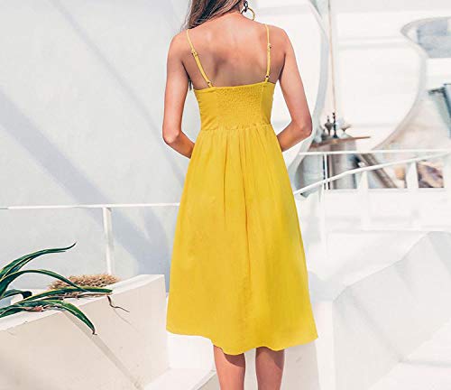 Alovelycloud dress Elegante Vestido de Mujer con Botones y Bolsillos, diseño de Lunares, Color Amarillo y algodón, Vestido de Playa para Mujer - Multi - Large