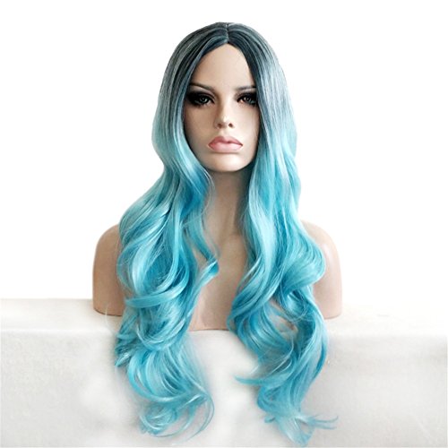 Alta calidad pelo artificial pelo largo Ombre gewellte peluca Cosplay Disfraces Peluca carnaval Negro A Azul