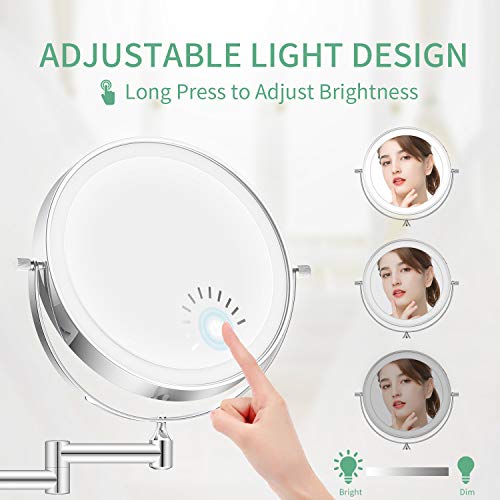 alvorog Espejo Maquillaje con Luz LED, Espejo de Pared con 3 Modos de Luz y Aumento 1x/5x, Espejo con 36 LEDs, Luz Ajustable y Rotación de 360°, 8” Espejo de Baño con Carga USB o Batería - Plata