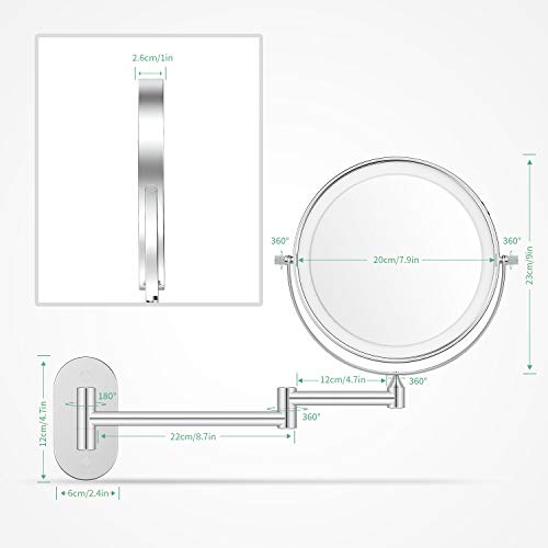 alvorog Espejo Maquillaje con Luz LED, Espejo de Pared con 3 Modos de Luz y Aumento 1x/5x, Espejo con 36 LEDs, Luz Ajustable y Rotación de 360°, 8” Espejo de Baño con Carga USB o Batería - Plata