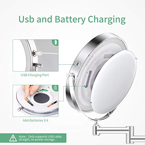 alvorog Espejo Maquillaje con Luz LED, Espejo de Pared con 3 Modos de Luz y Aumento 1x/5x, Espejo con 36 LEDs, Luz Ajustable y Rotación de 360°, 8” Espejo de Baño con Carga USB o Batería - Plata