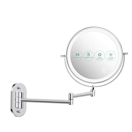 alvorog Espejo Maquillaje con Luz LED, Espejo de Pared con 3 Modos de Luz y Aumento 1x/5x, Espejo con 36 LEDs, Luz Ajustable y Rotación de 360°, 8” Espejo de Baño con Carga USB o Batería - Plata