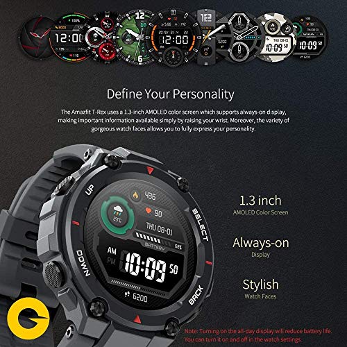 Amazfit T-Rex Reloj Smartwatch Deportivo - 20 Días Batería, 12 Certificados Militares, 50m Agua, 14 Modos Deportivos, Doble Satélite, Pantalla AMOLED (Antihuellas), Bio-Tracker PPG, V.Global (Negro)