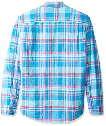 Amazon Essentials - Camisa de lino con manga larga, corte entallado y estampado para hombre, Aguamarina Cuadros, US L (EU L)