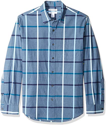 Amazon Essentials – Camisa informal de popelín de manga larga de corte recto estándar para hombre, Denim Large Plaid, US L (EU L)