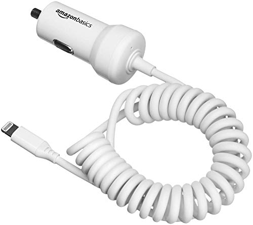 AmazonBasics - Cargador de coche con cable Lightning en espiral, de 5 V y 2,4 A, 0,45 m - Blanco