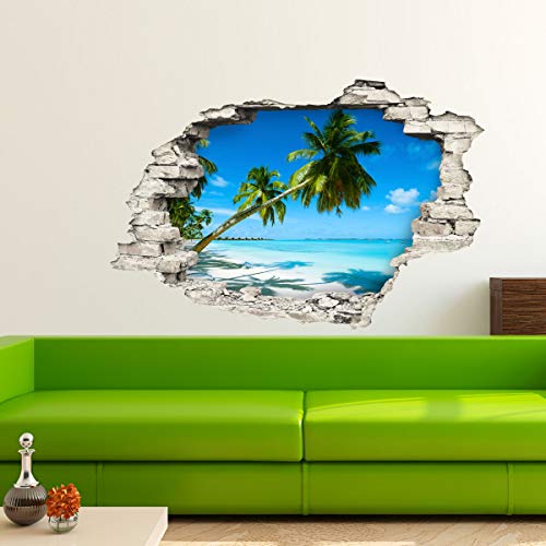 Ambiance Sticker Pegatinas Adhesivas Efecto 3D, diseño de Palmeras en la Playa de Arena BLAN – Decoración de Pared Trampa el Ojo habitación y salón – 60 x 90 cm