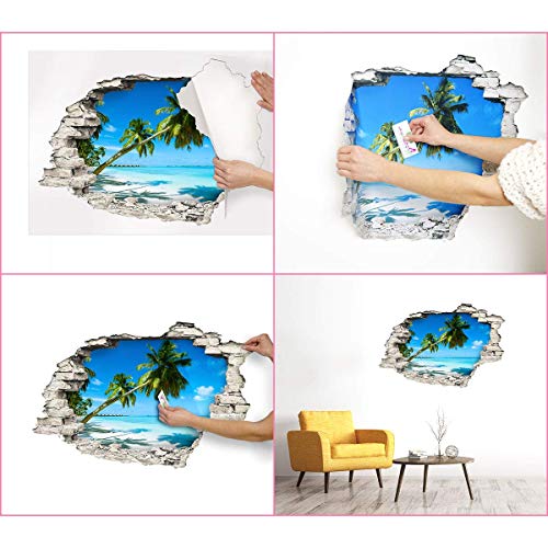 Ambiance Sticker Pegatinas Adhesivas Efecto 3D, diseño de Palmeras en la Playa de Arena BLAN – Decoración de Pared Trampa el Ojo habitación y salón – 60 x 90 cm