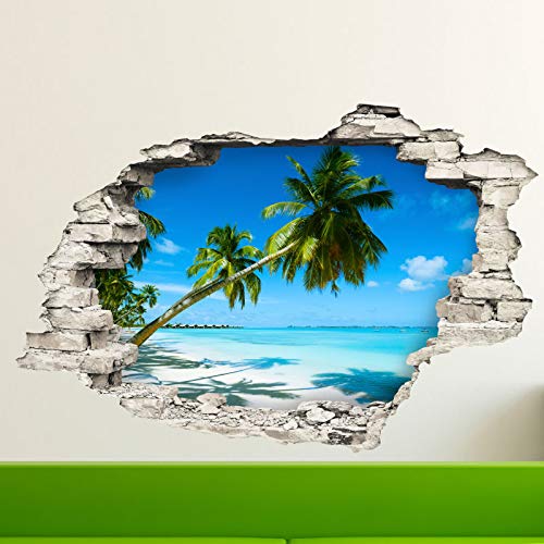 Ambiance Sticker Pegatinas Adhesivas Efecto 3D, diseño de Palmeras en la Playa de Arena BLAN – Decoración de Pared Trampa el Ojo habitación y salón – 60 x 90 cm