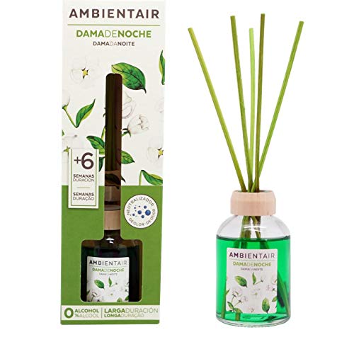Ambientair. Difusor de Varillas perfumadas. Ambientador Mikado Dama de Noche, difusor con palitos de ratán. El Mejor ambientador sin Alcohol para casa. Ambientador para la Cocina y baño.